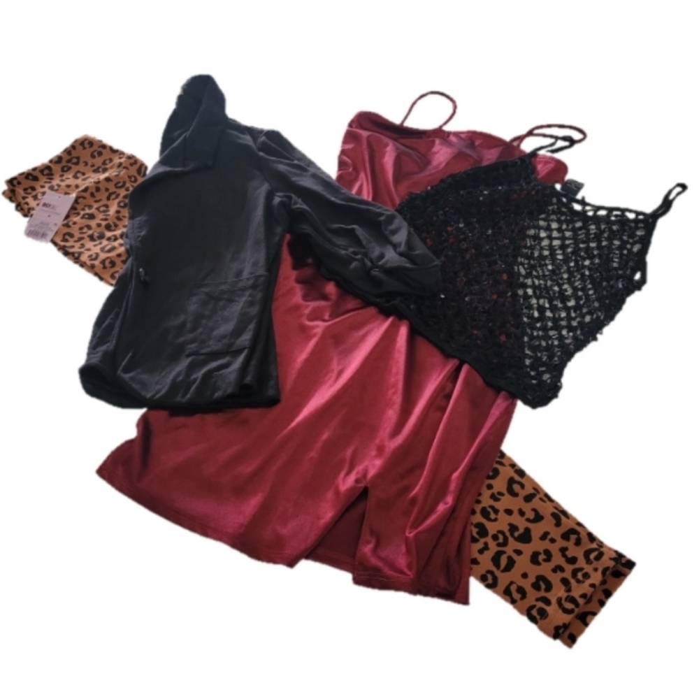 4 Piece Bundle Satin Mini Dress Black Jacket Leopard Print Leggins Vintage